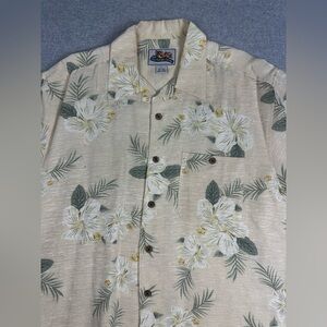 VTG Hawaiian Shirt Mens L Silk Linen Floral Wood Button Textured Cream Green S/S